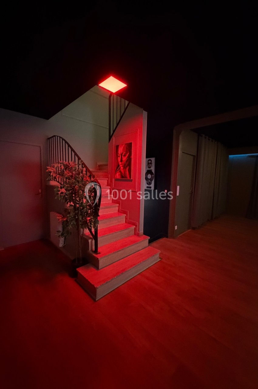 Escalier intérieur éclairé par une lumière rouge, avec une plante et un tableau au mur dans un espace sombre.