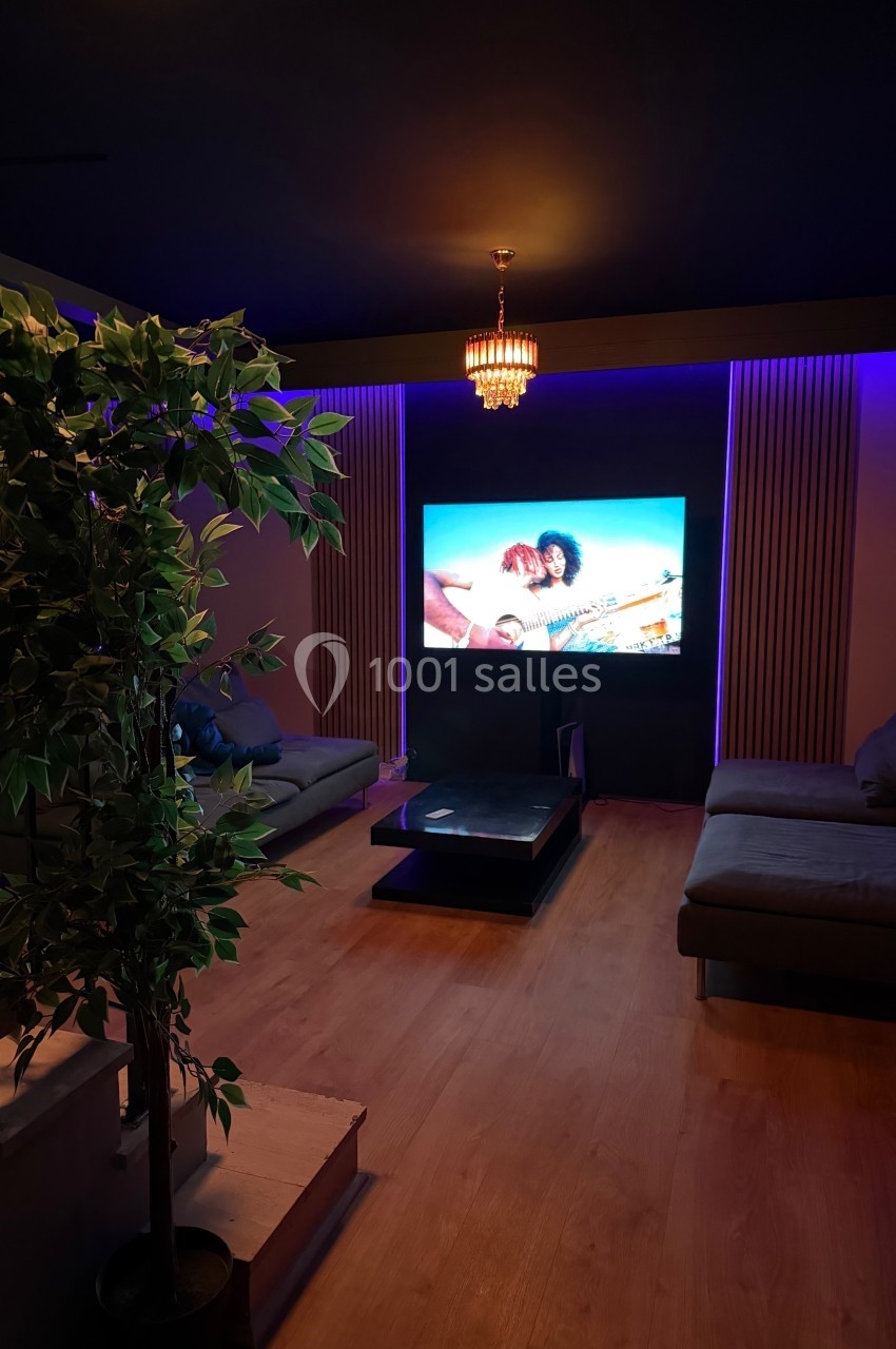 Salon moderne avec éclairage tamisé, canapé gris, table basse noire, écran allumé et plante décorative.