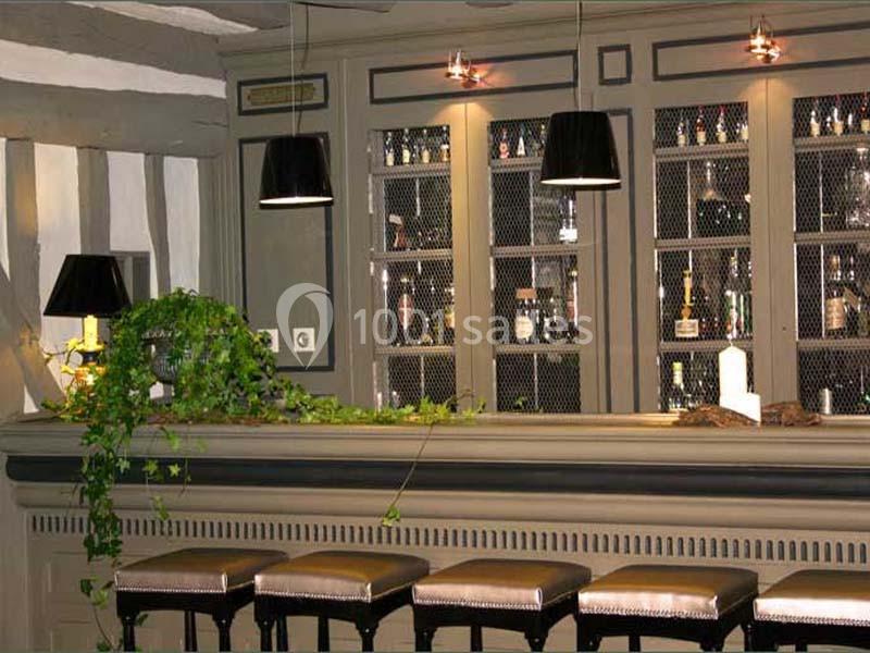 Bar avec comptoir en bois, tabourets rembourrés, étagères vitrées contenant des bouteilles et plante décorative.