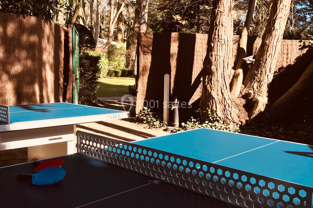 Deux tables de ping-pong en extérieur, entourées d'arbres et de haies, avec une raquette posée sur l'une d'elles.