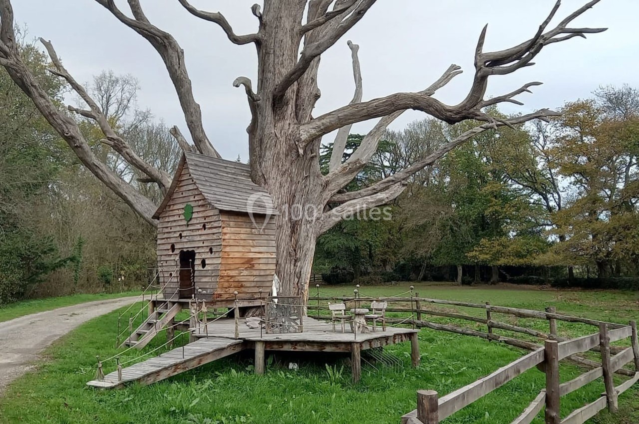 Cabane en bois construite autour d'un grand arbre mort, avec terrasse et mobilier, située dans un cadre naturel verdoyant.