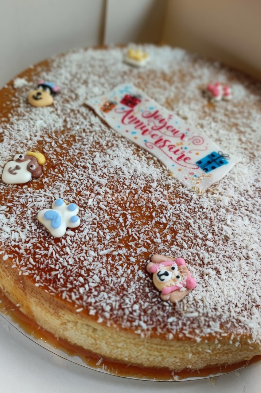 Gâteau décoré de noix de coco râpée, figurines en sucre et message d'anniversaire coloré.