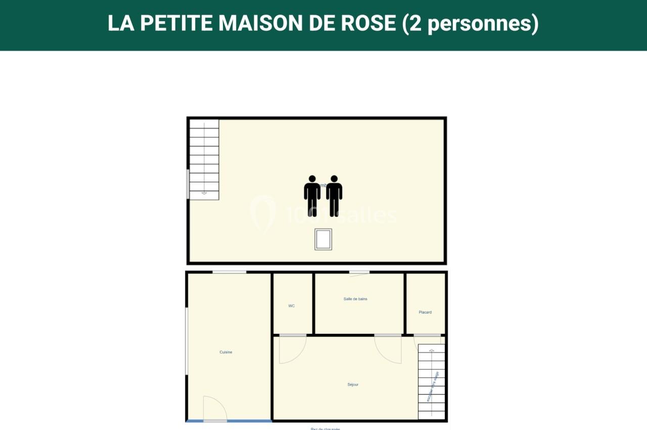 Plan d'une maison pour deux personnes avec un étage, montrant les pièces principales et leur disposition.