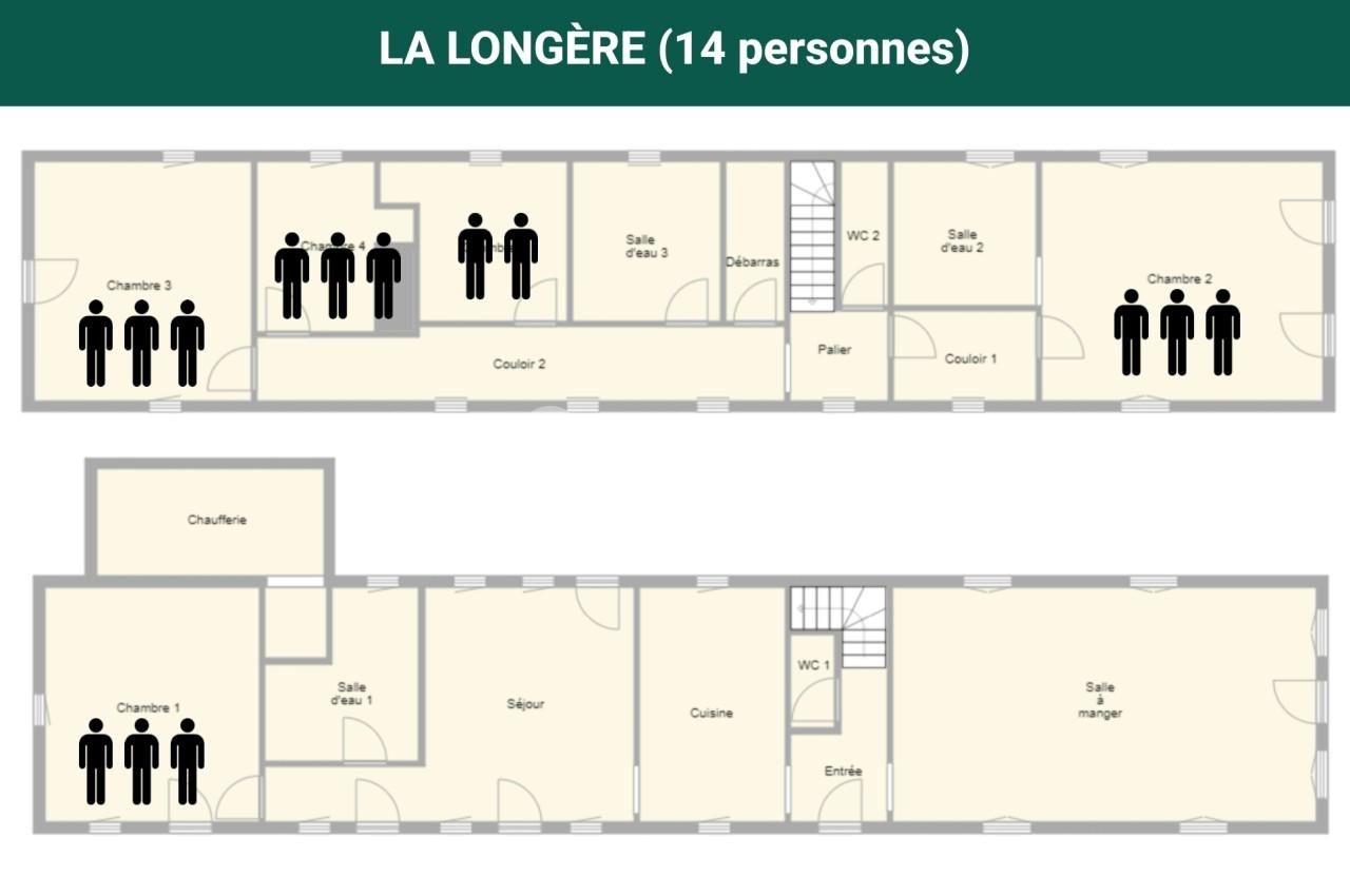 Plan d'une maison pour 14 personnes avec disposition des chambres, salles de bain, séjour et autres pièces.