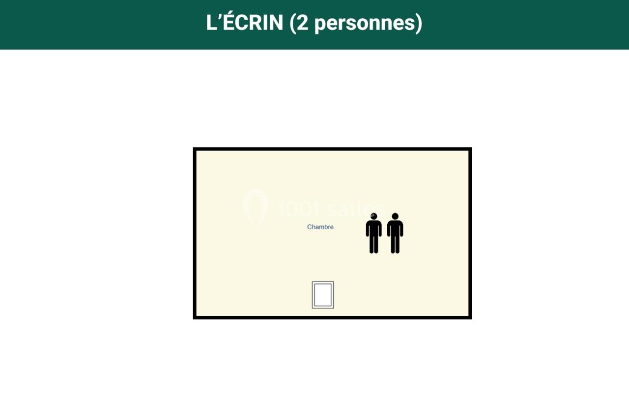 Plan de la chambre ’L'Écrin’ pour deux personnes, avec une porte indiquée et deux silhouettes humaines.