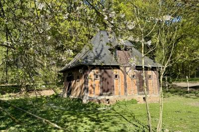 Chaise en bois clair avec dossier croisé et assise en rotin, vue de face sur fond blanc.