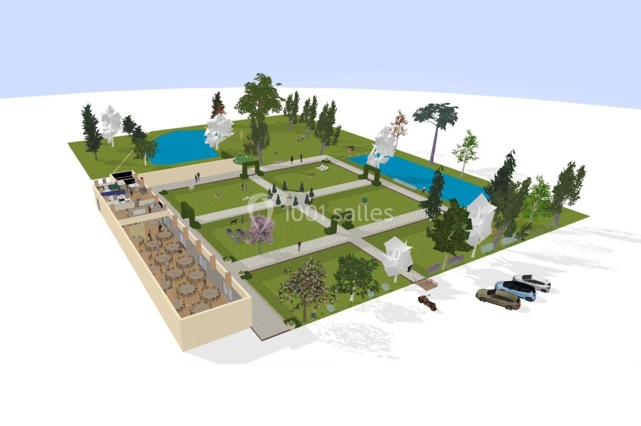 Vue en perspective d'un plan 3D d'un parc avec pelouses, arbres, bassins, allées et une zone avec tables en terrasse.