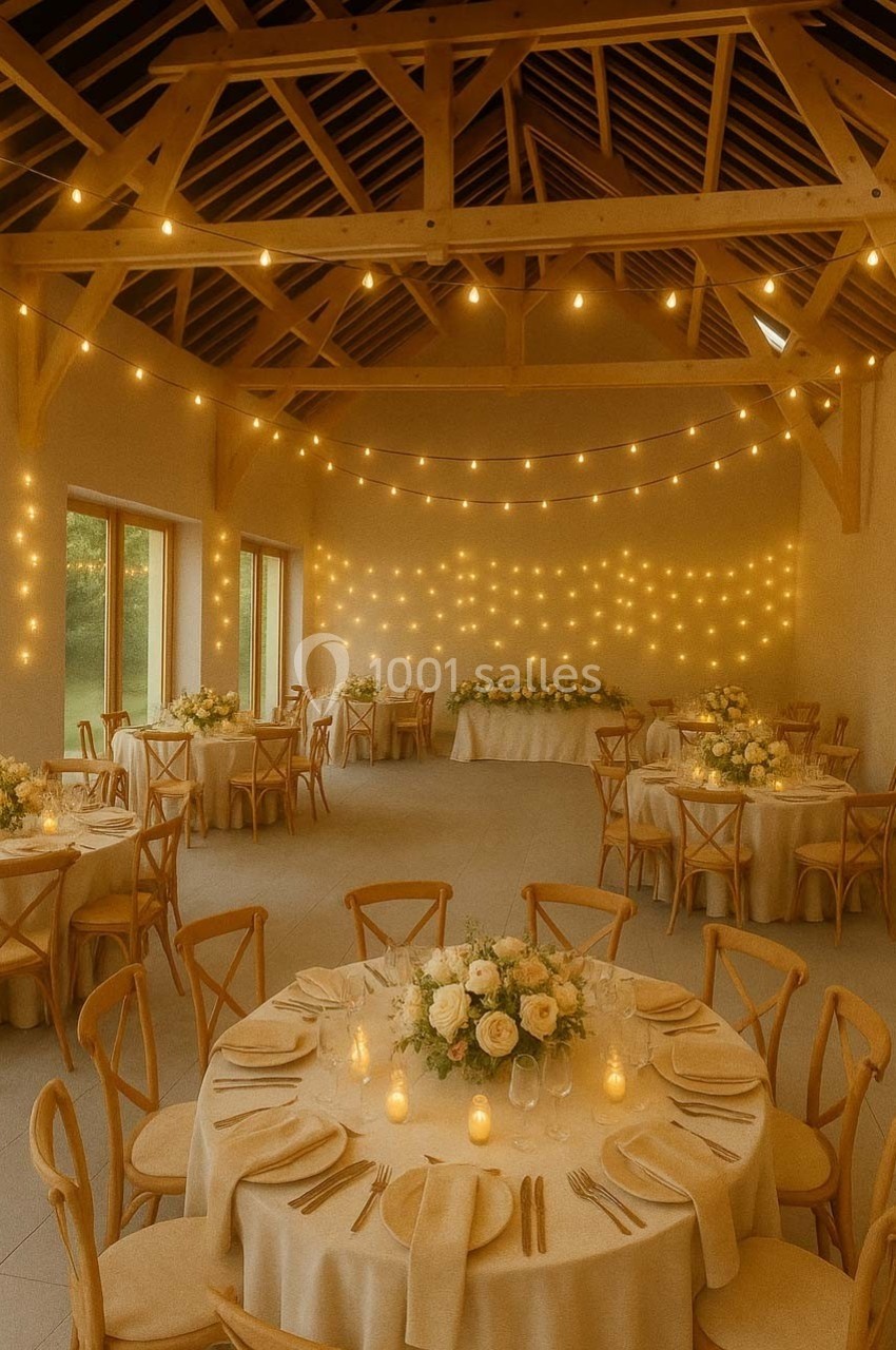 Salle de réception décorée avec des guirlandes lumineuses, des tables rondes ornées de fleurs et une ambiance chaleureuse.