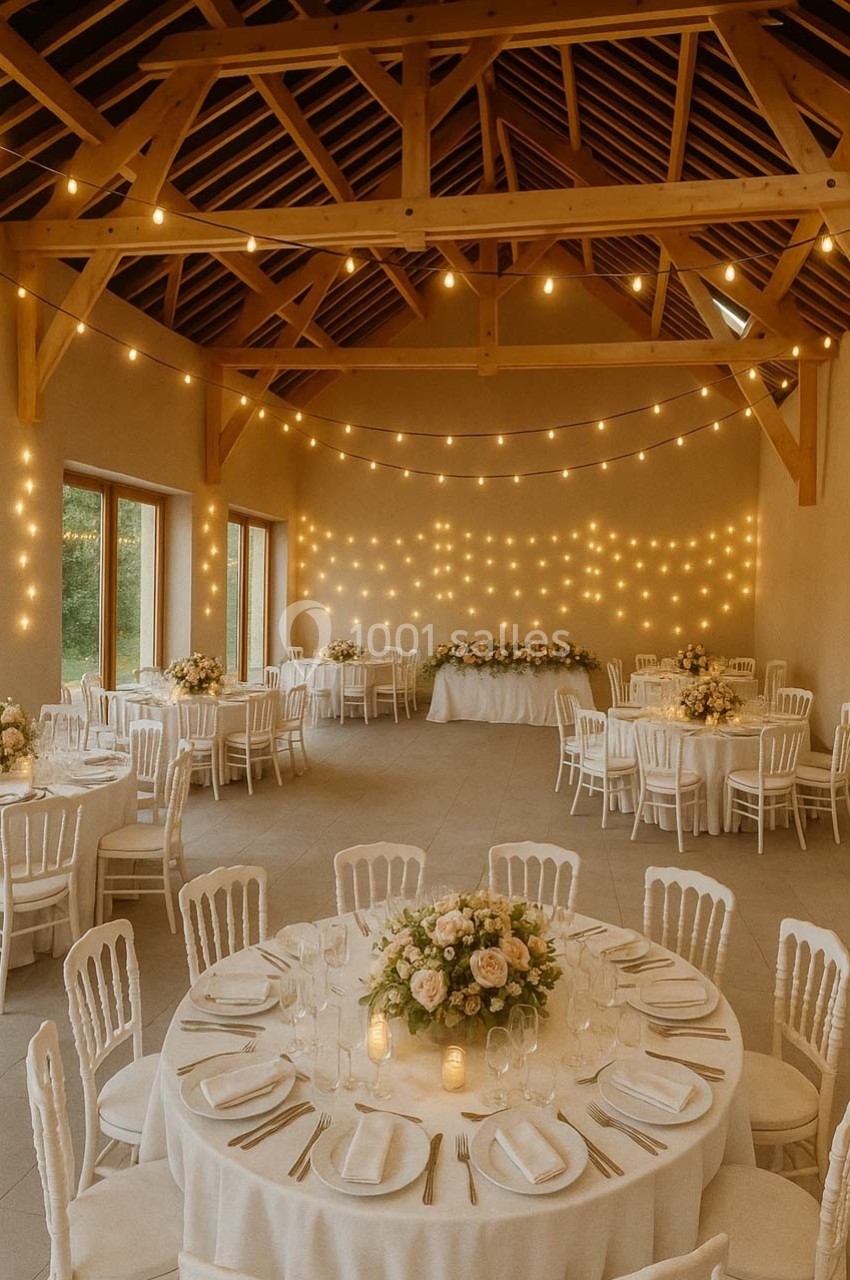 Salle de réception décorée avec des guirlandes lumineuses, tables rondes dressées et bouquets de fleurs.