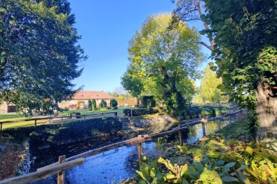 Panier en osier posé au sol devant un grand miroir, avec un lit et une lampe en arrière-plan dans une chambre.