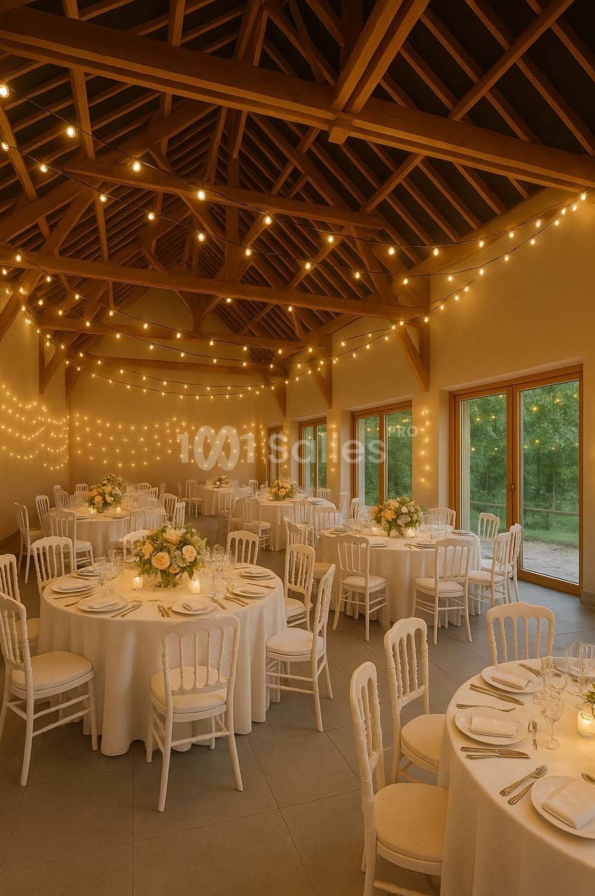 Salle de réception décorée avec des guirlandes lumineuses, tables rondes dressées et grandes fenêtres donnant sur un jardin.