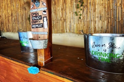 Massif de fleurs violettes au premier plan, terrasse en bois et ciel bleu en arrière-plan.