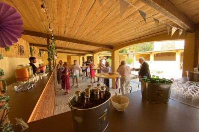 Massif de fleurs violettes au premier plan, terrasse en bois et ciel bleu en arrière-plan.