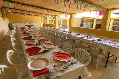Massif de fleurs violettes au premier plan, terrasse en bois et ciel bleu en arrière-plan.