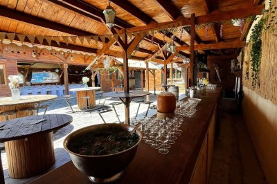 Massif de fleurs violettes au premier plan, terrasse en bois et ciel bleu en arrière-plan.