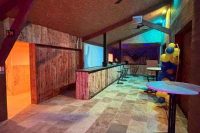 Massif de fleurs violettes au premier plan, terrasse en bois et ciel bleu en arrière-plan.