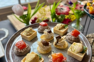 Plateau de bouchées apéritives garnies de mousse rose et décorées de feuilles de persil, disposées sur une grille.