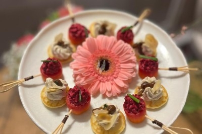 Plateau de bouchées apéritives garnies de mousse rose et décorées de feuilles de persil, disposées sur une grille.