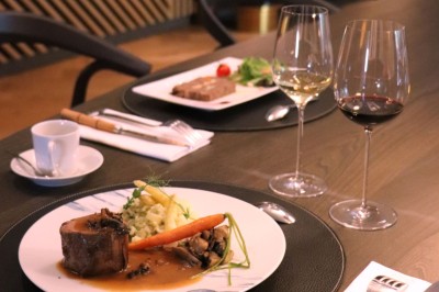 Bâtiment moderne avec façades vitrées et terrasses en bois, entouré de végétation au crépuscule.