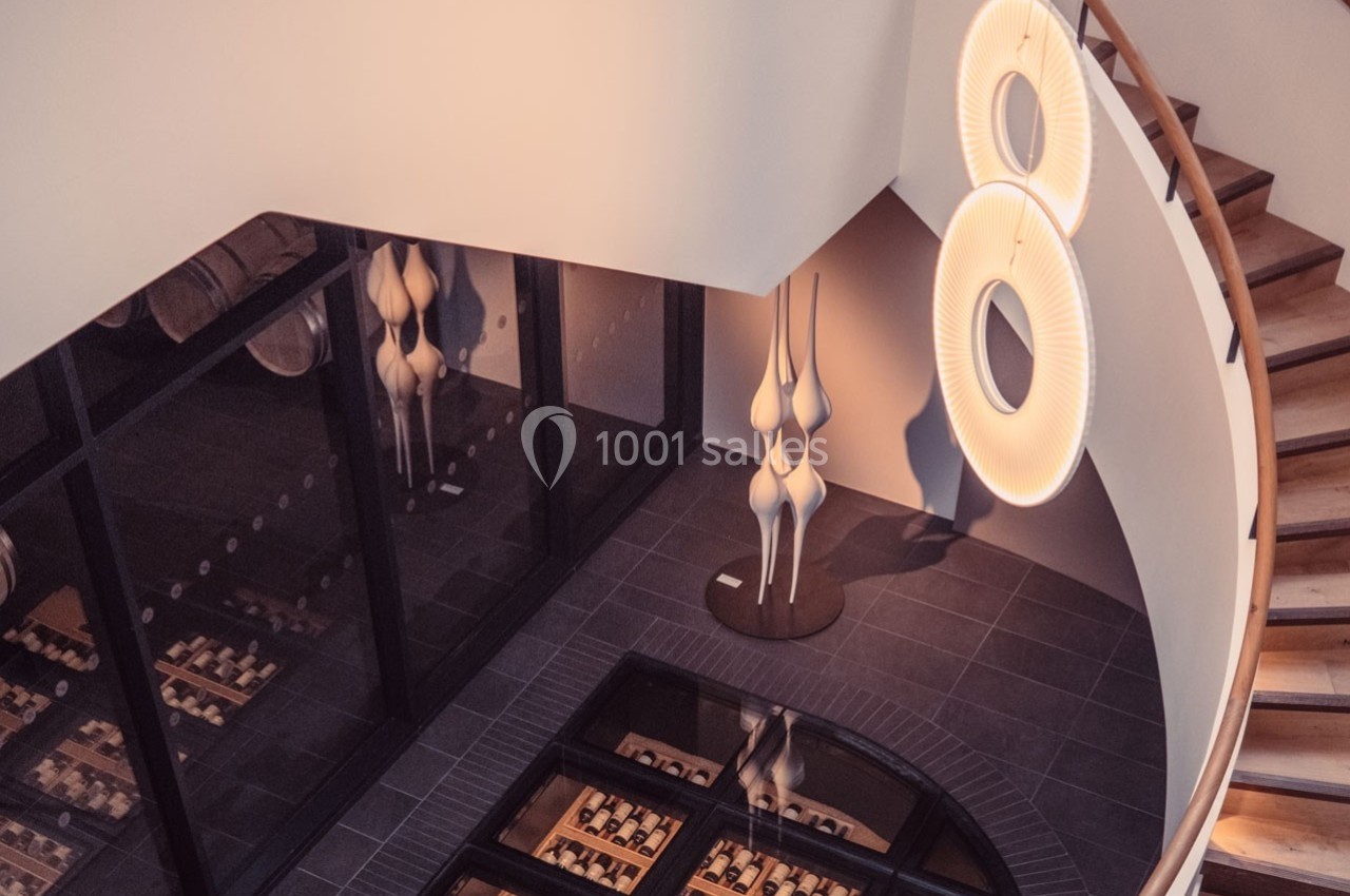 Vue d'un escalier en bois courbé surplombant une cave vitrée et un luminaire design suspendu.