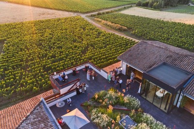 Vue aérienne d'une terrasse animée entourée de vignes au coucher du soleil, avec des invités profitant du cadre.