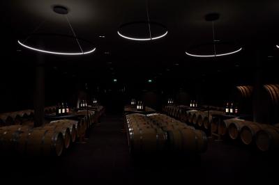 Vue aérienne d'une terrasse animée entourée de vignes au coucher du soleil, avec des invités profitant du cadre.