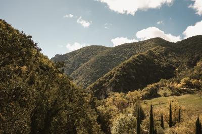 Miniature Location salle Valouse (Drôme) - Hameau de Valouse #14 Salle lumineuse avec tables et chaises en bois, grandes baies vitrées et plafond décoré de motifs végétaux.
