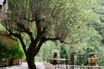 Miniature Location salle Valouse (Drôme) - Hameau de Valouse #33 Salle lumineuse avec tables et chaises en bois, grandes baies vitrées et plafond décoré de motifs végétaux.
