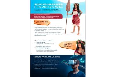 Femme en tenue traditionnelle polynésienne tenant une pagaie, devant un bar illuminé avec des flammes en arrière-plan.