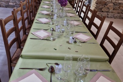 Cour extérieure ensoleillée avec des tentes noires, des fleurs en pot et une maison en pierre en arrière-plan.