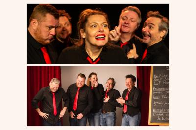 Portrait en noir et blanc d'un homme souriant en costume, sur un fond orange circulaire avec son nom inscrit autour.