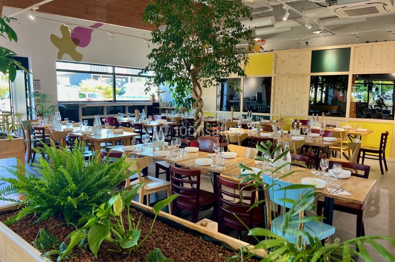 Salle de restaurant lumineuse avec des tables dressées, des plantes vertes et une décoration moderne en bois.