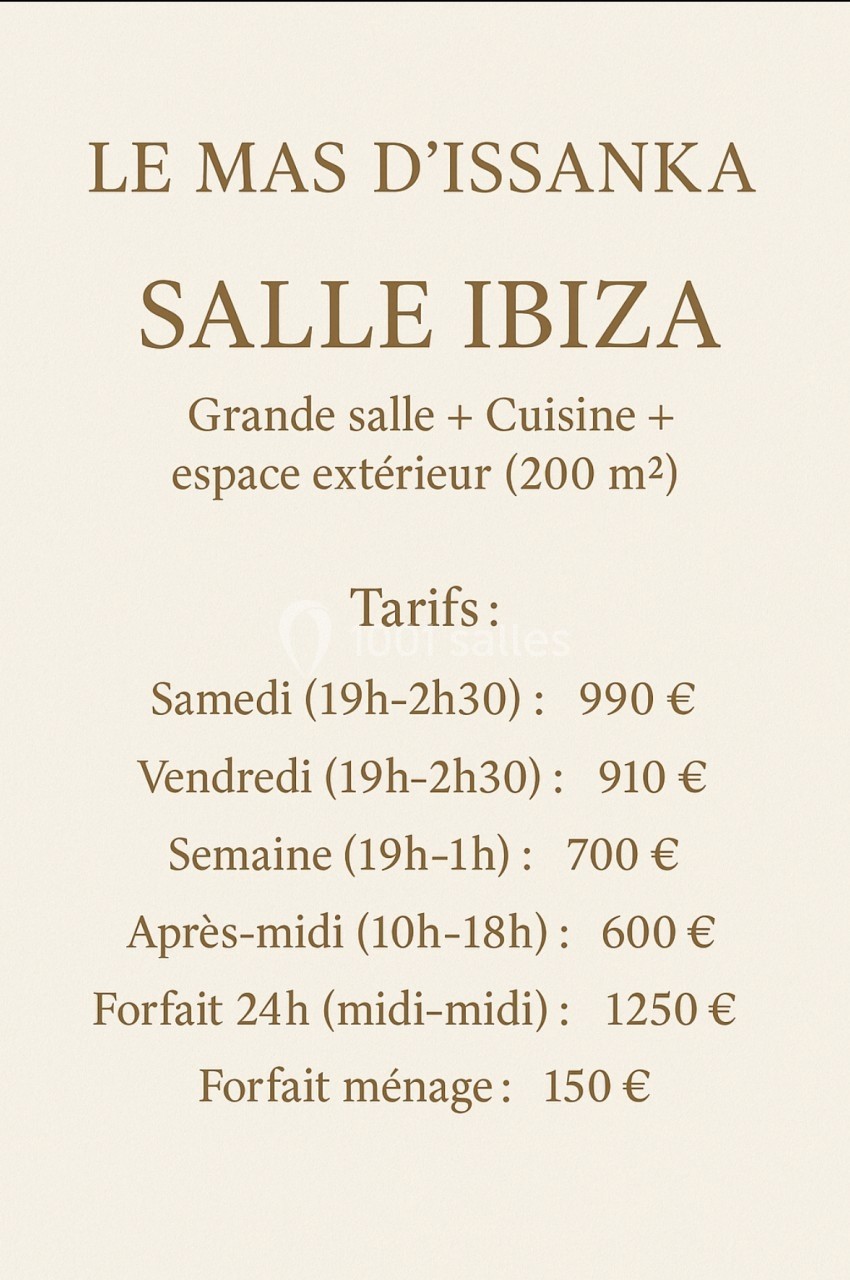 Tarifs de location de la salle Ibiza au Mas d'Issanka, avec grande salle, cuisine et espace extérieur de 200 m².