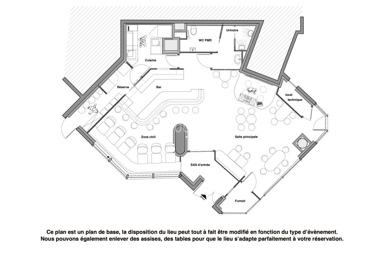 Plan d’aménagement intérieur montrant la disposition des espaces, incluant bar, salle principale et zone chill.