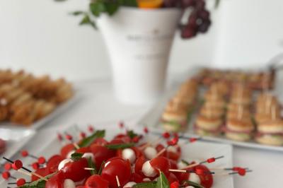 Assiettes garnies de samoussas, salade, tomates cerises, germes de luzerne et rondelles de citron.