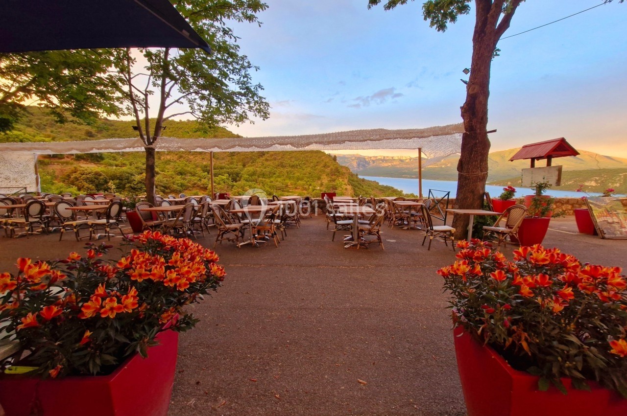 Terrasse extérieure avec tables et chaises, entourée de fleurs rouges, offrant une vue sur un paysage vallonné et un lac.