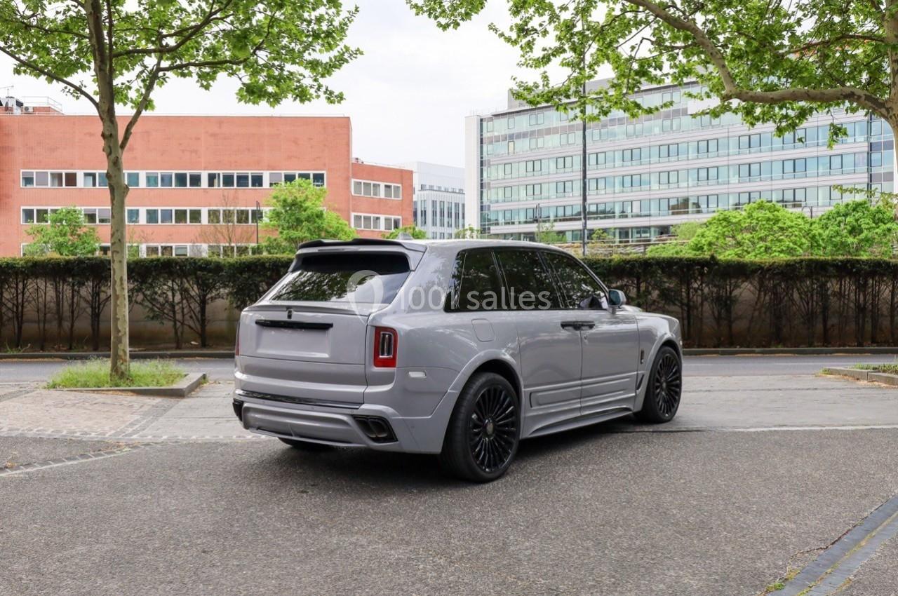 Voiture grise stationnée sur une route bordée d'arbres, avec des bâtiments modernes en arrière-plan.