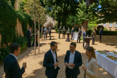 Hall d'entrée avec murs clairs, meubles en bois ancien et escalier montant à droite.