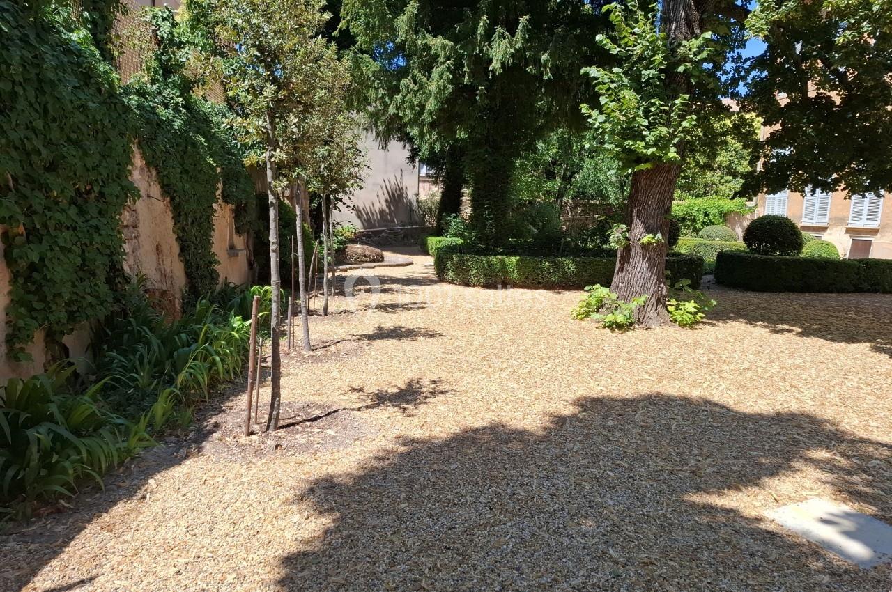 Allée ombragée dans un jardin avec arbres, buissons taillés et murs couverts de végétation.
