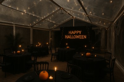 Salle équipée de plans de travail en inox, évier et carrelage gris, avec un panneau ’L'Eglise’ au mur.
