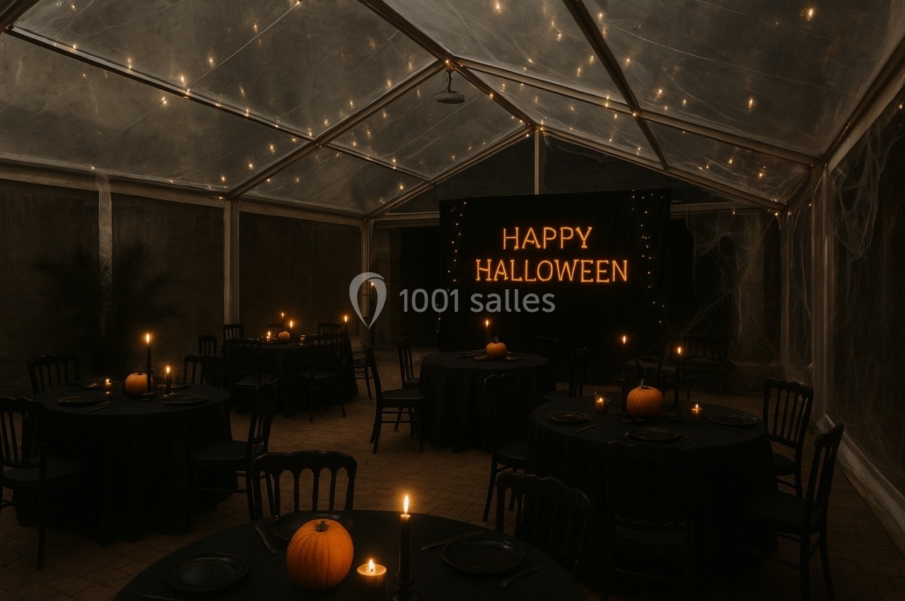 Salle décorée pour Halloween avec des tables noires, des citrouilles, des bougies allumées et une enseigne lumineuse ’Happy…
