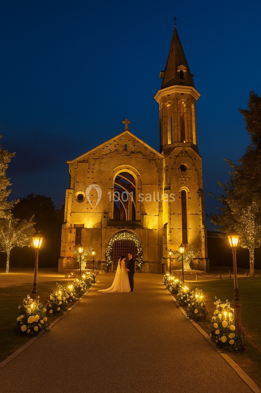 Un couple marche vers une église illuminée la nuit, entourée de lampadaires et de décorations florales.