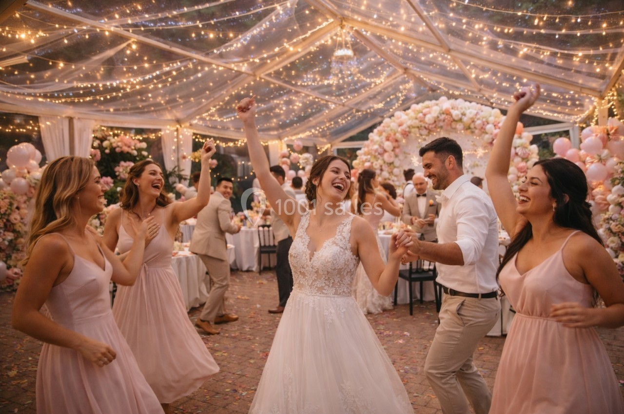 Des invités dansent joyeusement sous une tente décorée de guirlandes lumineuses et de fleurs lors d'un mariage.