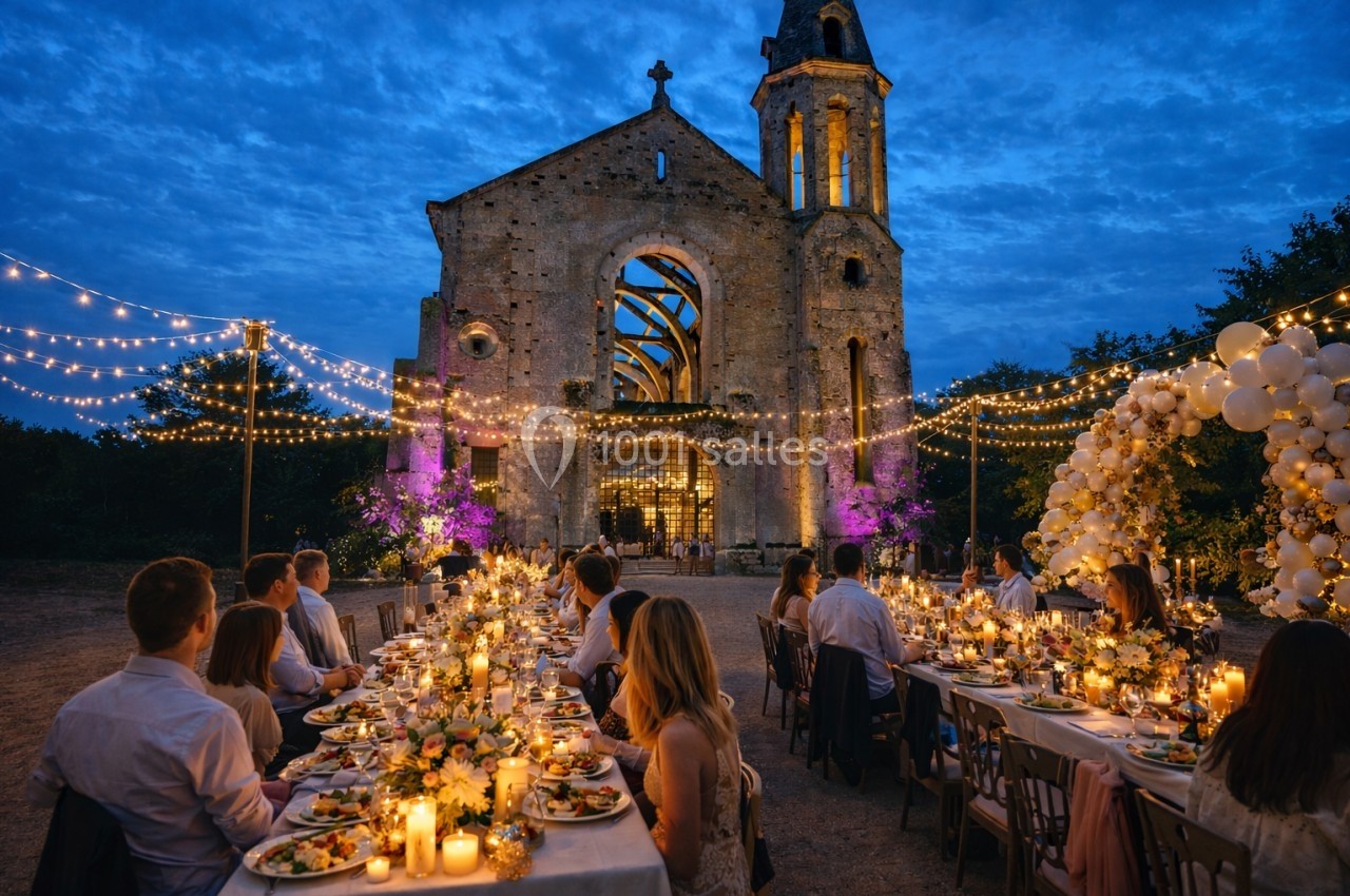 Dîner en plein air devant une église illuminée, avec des guirlandes lumineuses et une décoration florale élégante.
