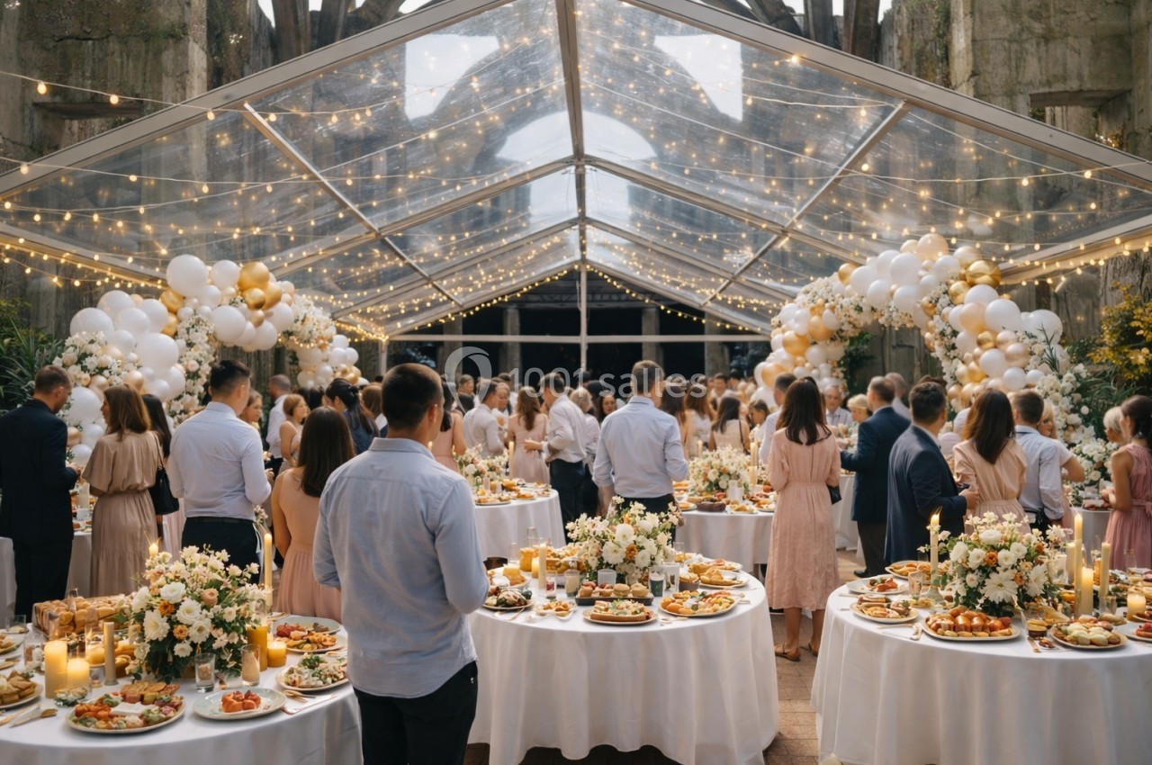 Salle de réception sous une verrière décorée de guirlandes lumineuses, avec des invités autour de tables garnies.