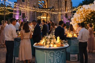 Salle équipée de plans de travail en inox, évier et carrelage gris, avec un panneau ’L'Eglise’ au mur.