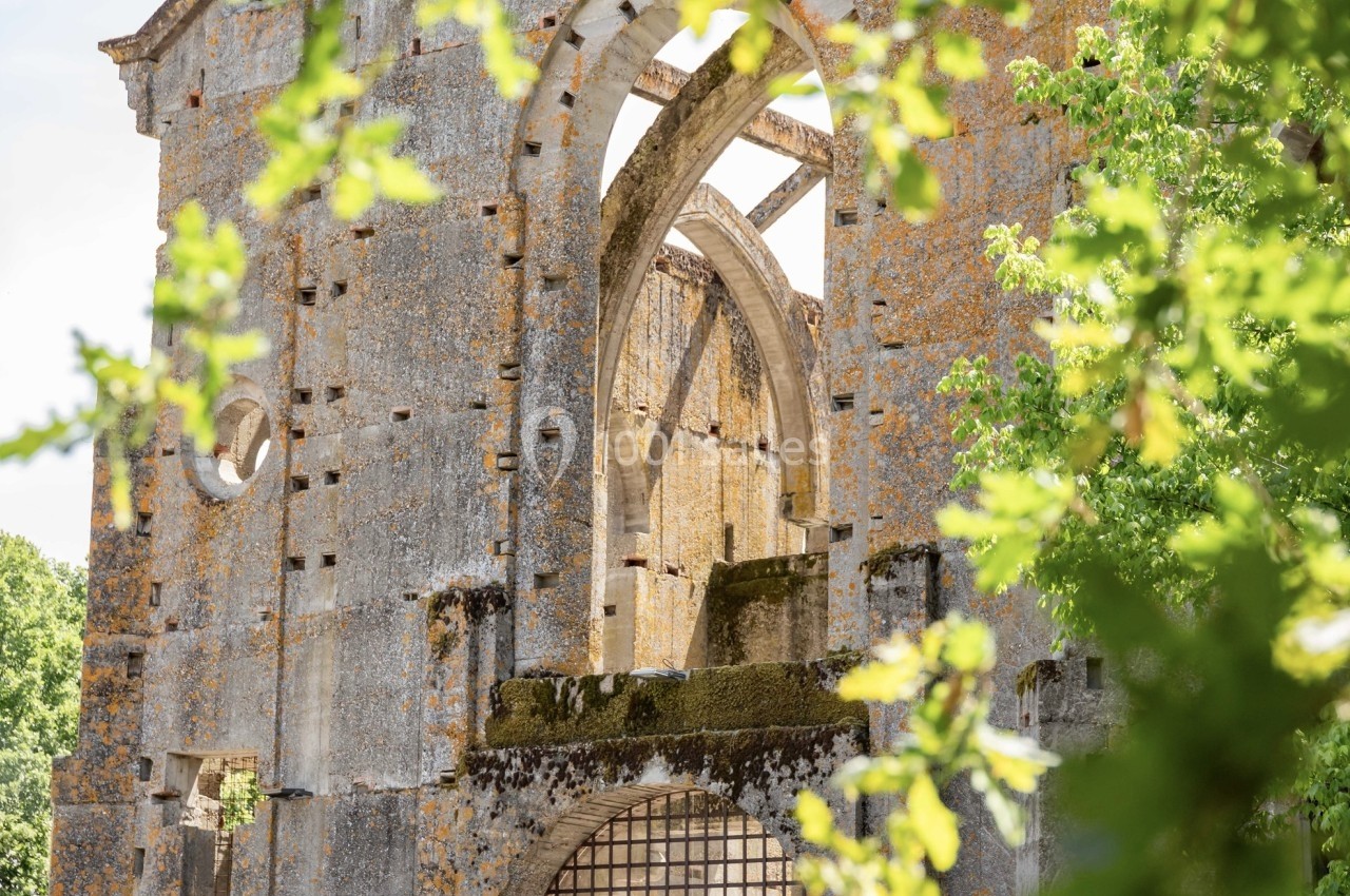 Ruines d'un édifice en pierre avec des arches, partiellement entourées de végétation verte au premier plan.