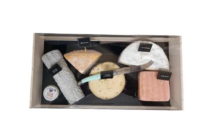 Plateau de fromages variés disposés en rangées, incluant fromages à pâte molle, dure, persillée et chèvre cendré.