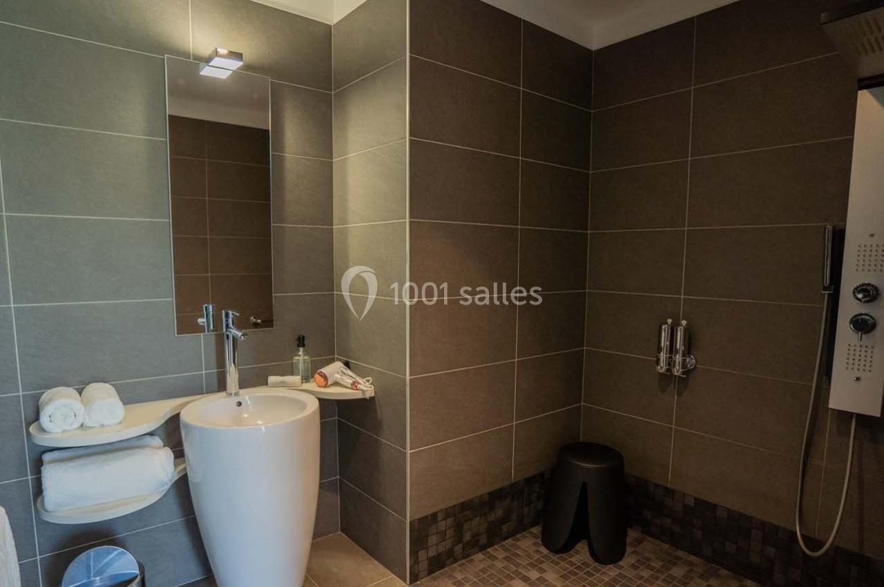 Salle de bain moderne avec lavabo sur pied, miroir éclairé, douche à jets et carrelage gris foncé.