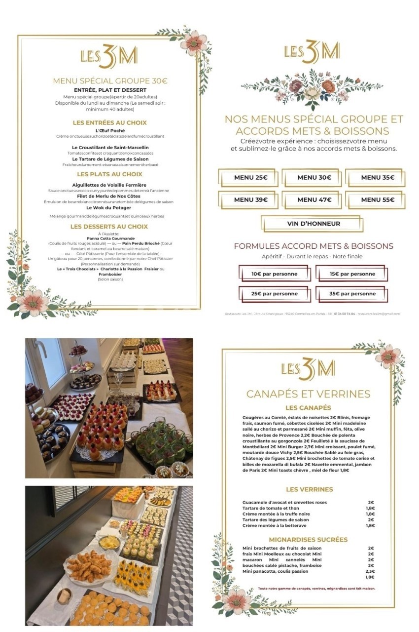 Menu de restaurant avec offres spéciales pour groupes, accompagnements, canapés, verrines et desserts présentés en buffet.